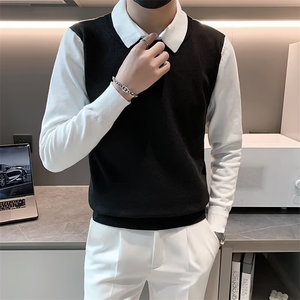 长袖翻领青少年休闲秋季假两件衬衫领毛衣男套头春季修身S575/P52图片