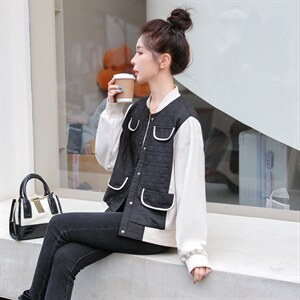 PU皮拼接假两件菱格棒球服女2022秋季新款时尚百搭纯色立领短外套图片