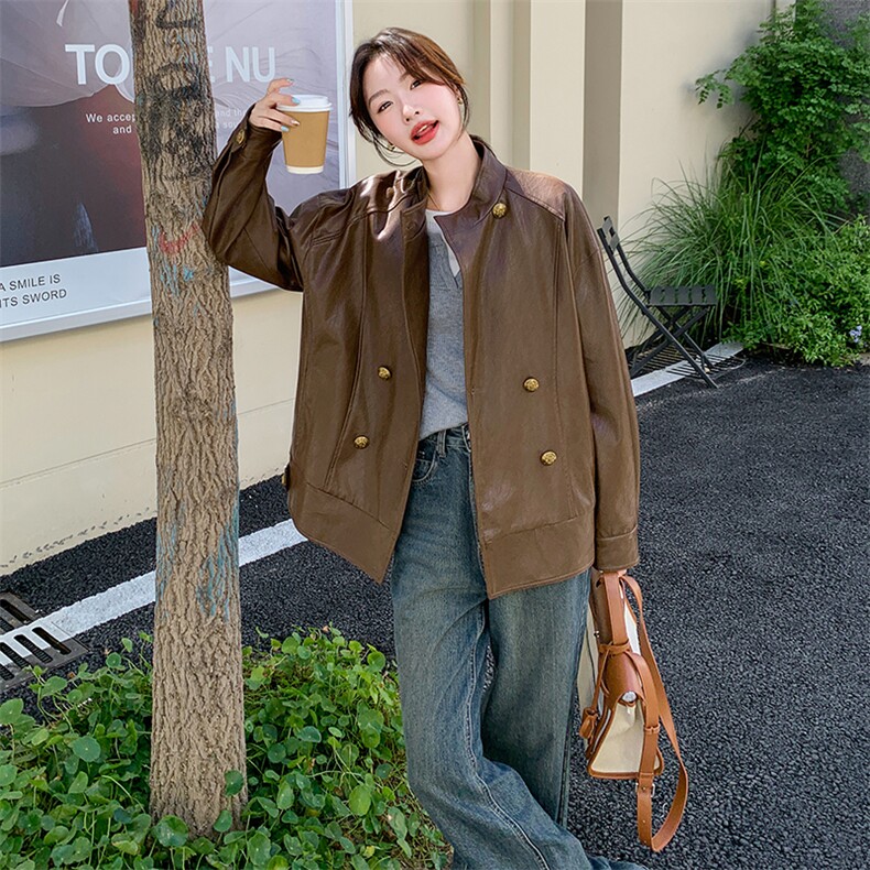 现货复古棕色皮衣外套女2D014-8042-P145-K198,女装皮衣,2D014