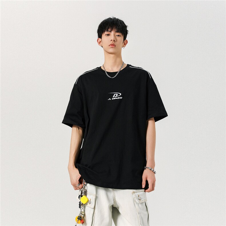 现货2025夏肩部两条杠宽松圆领短袖T恤情侣潮A025-T7660-P30,男装T恤,电商A025