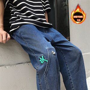 小怪兽情侣牛仔裤加绒不加绒可选可爱卡通绣花直筒裤子图片
