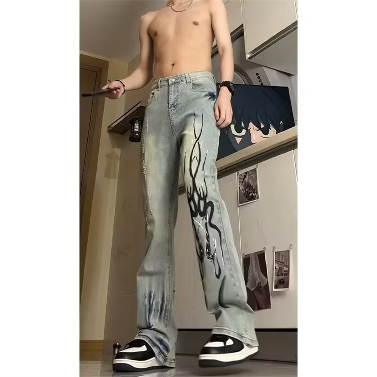 火焰牛仔裤男复古黄泥牛仔裤男秋季微男装牛仔裤网图NZK1740-P48,男装牛仔裤,星座302B-2