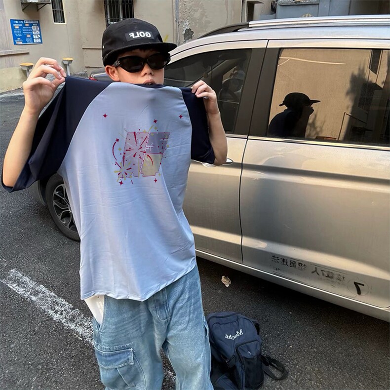 抖音得物高品质二开240克宽松纯棉美式潮牌插肩袖拼接短袖T恤,男装T恤,电商A486
