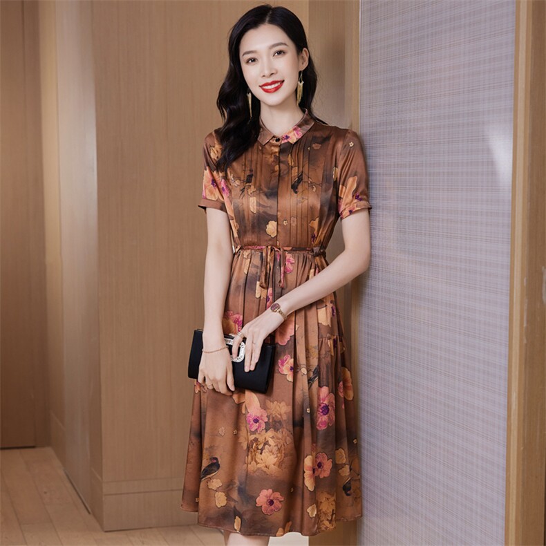 香云纱真丝连衣裙2023女夏季气质妈妈装高腰显瘦优雅高级感桑蚕丝,女装连衣裙,阿舍尔精品