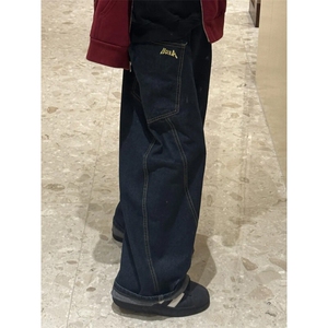 XK3155LL-特P58 复古格子拼接牛仔裤高街弯刀直筒裤拖地阔腿裤子图片
