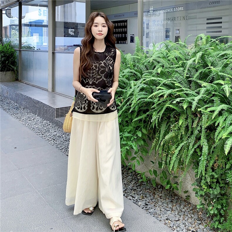 黑色镂空提花背心套装女2025夏季新款松弛感穿搭气质阔腿裤两件套,女装套装/套裙,2C323