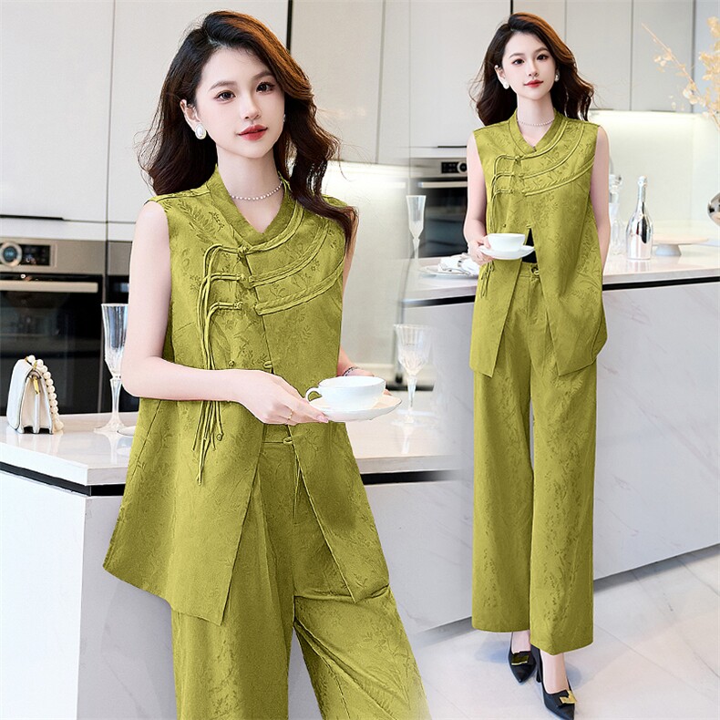 2025春新中式气质复古盘扣改良提花时尚洋气阔腿裤两件套女，女装套装/套裙，火爆靓佳人