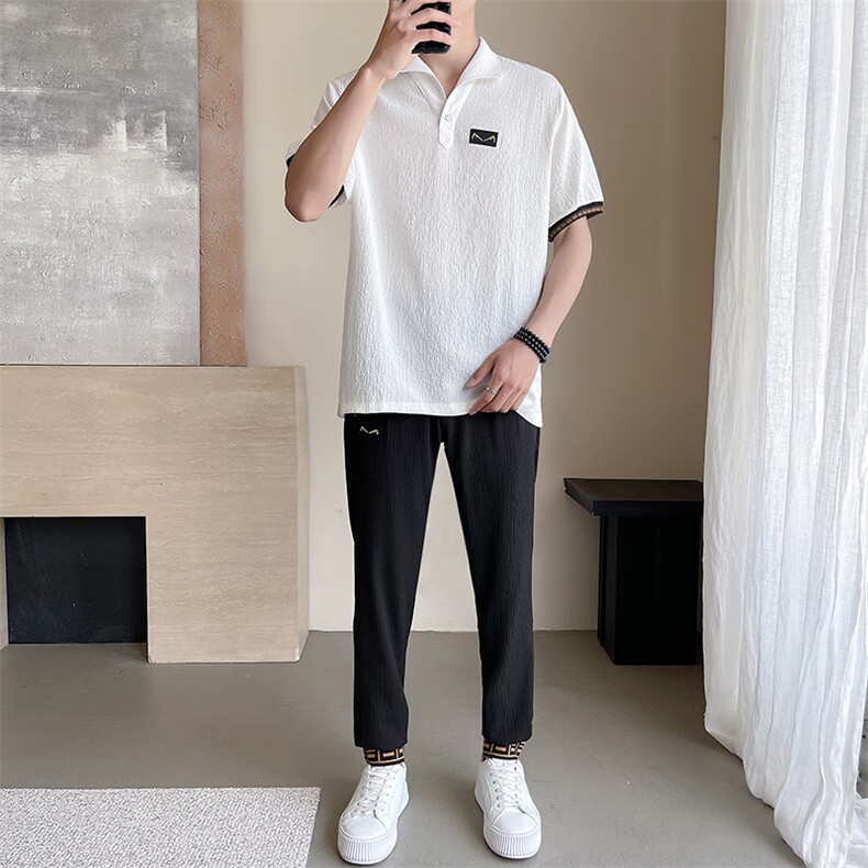新款风休闲运动套装风高端V领轻薄垂感褶皱短袖两件套TZ303,男装休闲套装,星座305A（原312A-1）