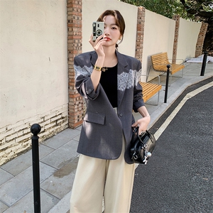 灰色休闲西装套装裙女小个子蕾丝拼接2025春季新款韩系减龄百褶裙图片