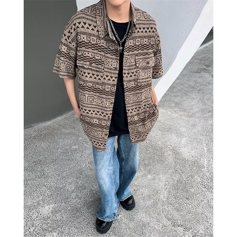 衬衫男复古风短袖夏季网红宽松上衣T恤设计感舒适百搭图片