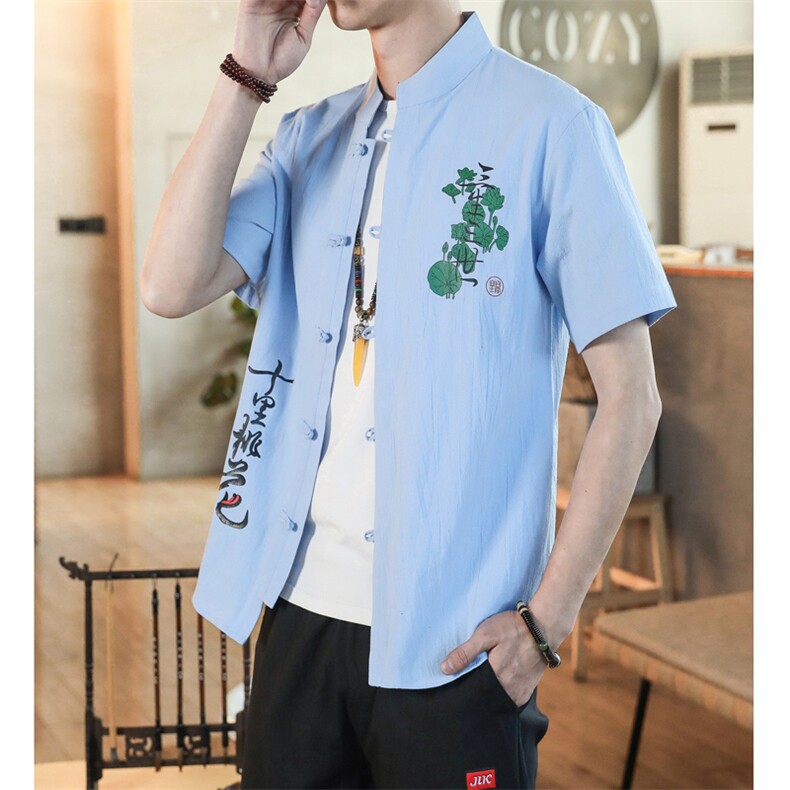 新中式夏季棉麻短袖衬衫立领短袖衬衫风纯色唐装C142P33,男装衬衫,电商A056