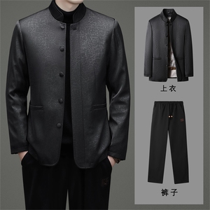 中老年唐装90绒羽绒服男士复古盘扣风羽绒服套装中式唐装图片