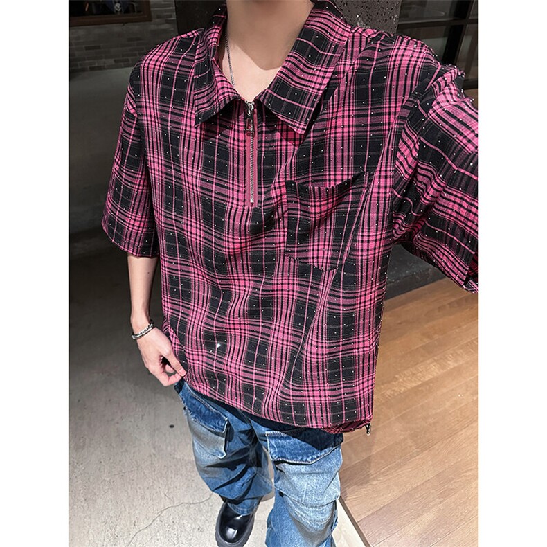 405A美式高阶烫钻格子半拉链设计衬衫短袖T恤T2513-P55控78,男装T恤,星座405A