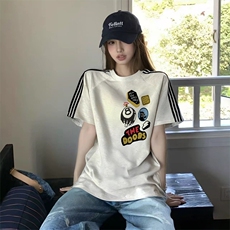 抖音得物品质二开240克宽松纯棉美式潮牌印花三条杠中性风短袖T恤，男装T恤，电商A486