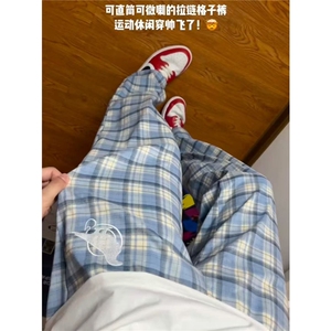 春季美式格子刺绣直筒裤男女慵懒百搭裤脚拉链休闲裤LN044-p50图片