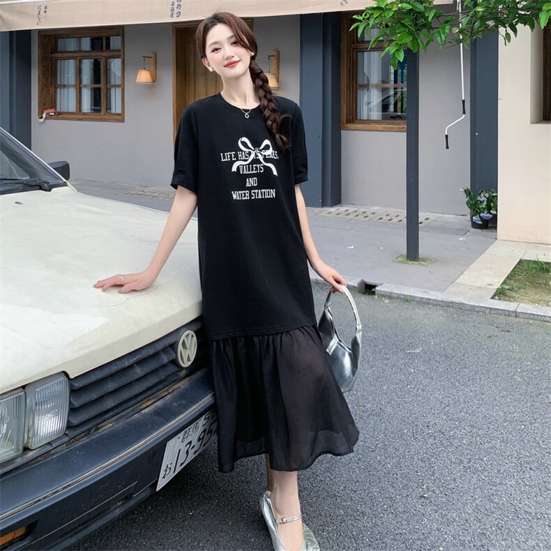 《现货48H发》翻领抽绳印花假两件连衣裙,女装连衣裙,MQ