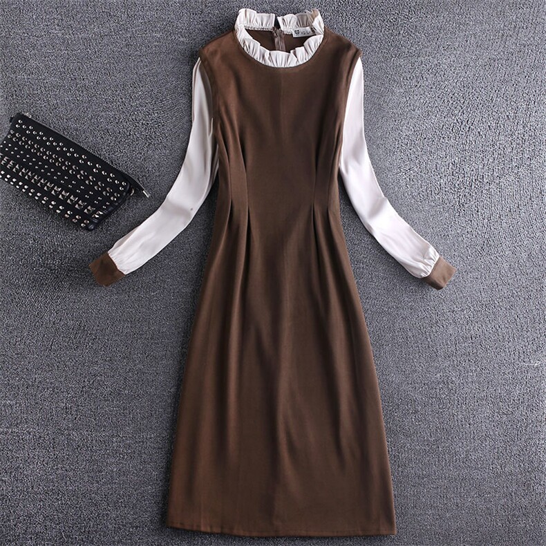 连衣裙秋冬新款假两件气质法式复古裙子18803，女装连衣裙，艾青服饰