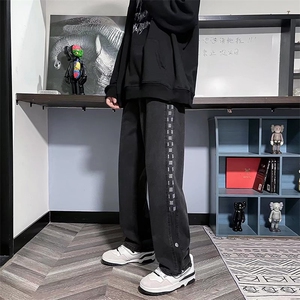 美式高街牛仔裤男春秋季直筒裤子设计感潮牌格子阔腿裤NK661-P40,150矮胖女生穿搭阔腿裤图片