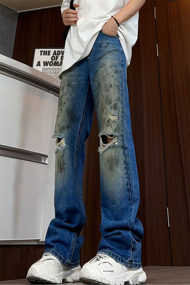B221美式ins高街暗黑宽松直筒破洞喷墨乞丐牛仔裤LK24200-P60控78,男装牛仔裤,电商B221