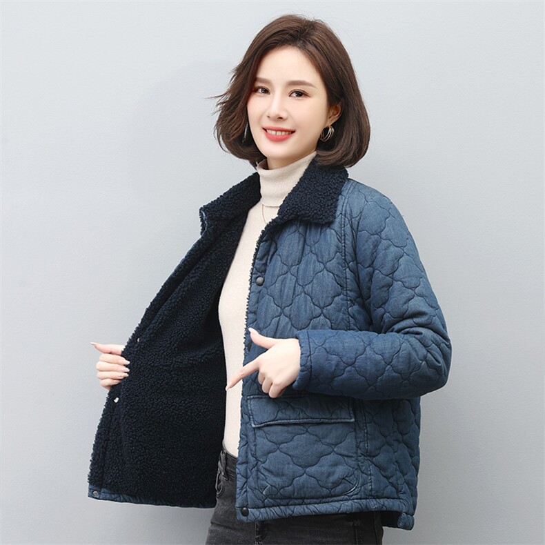 时尚女装牛仔拼接加绒外套宽松显瘦保暖棉服,女装棉衣/棉服,叶笙衣