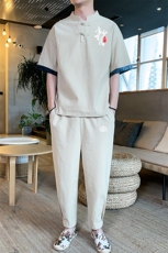 2021夏季风亚麻套装男士棉麻印花短袖大码九分裤套装P70，男装套装，星座217-4
