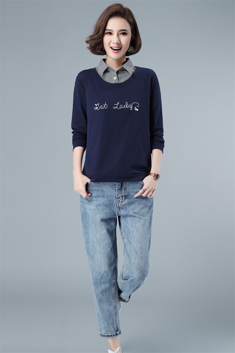 假两件纯棉套头卫衣女2021春秋新款polo领长袖字母印花宽松上衣,女装卫衣/绒衫,伊满意