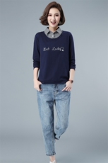 假两件纯棉套头卫衣女2021春秋新款polo领长袖字母印花宽松上衣，女装卫衣/绒衫，伊满意