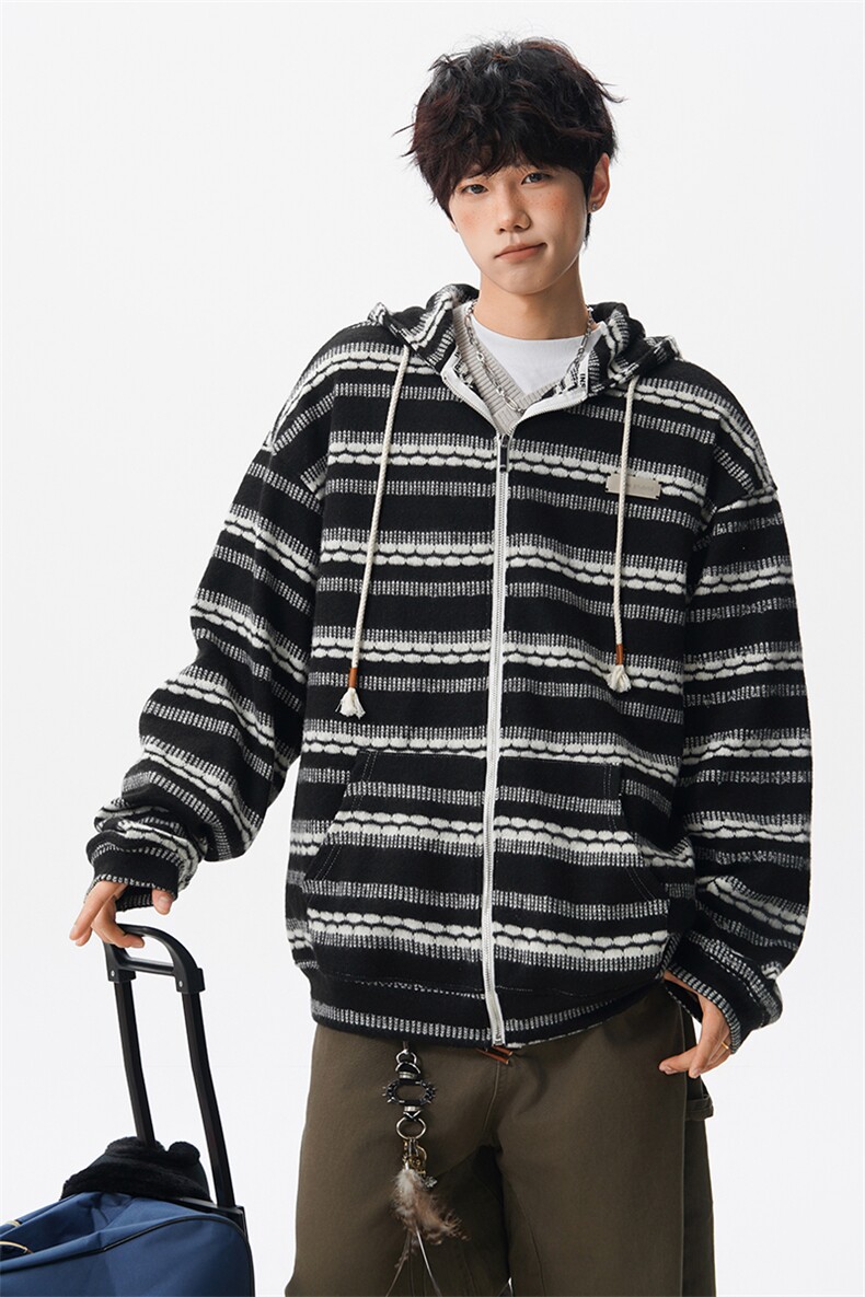 8XL-M潮情侣美式磨毛编织条纹针织衫卫衣宽松拉链外套WY30P88,男装针织衫/毛衣,电商D206-1