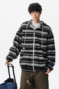 8XL-M 潮情侣美式磨毛编织条纹针织衫卫衣宽松拉链外套WY30P88图片