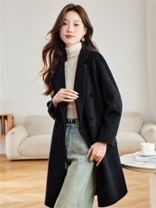 轻熟风简约黑色双面呢羊毛大衣女2025秋冬新款气质西装领毛呢外套，女装双面呢大衣，拾衣