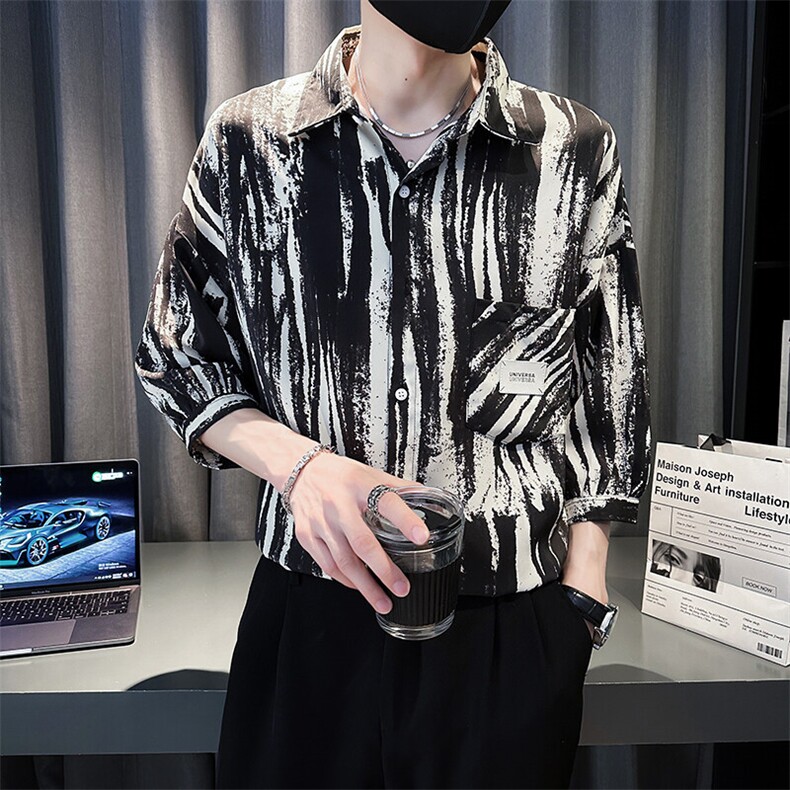 社会小伙2025春季新品衬衫男士七分袖水墨扎染衬衫潮901-C20P58,男装衬衫,星座901