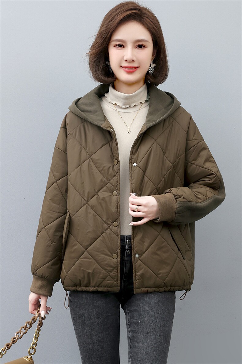 棉衣棉服女2022新款冬季短款连帽秋冬妈妈拼接薄款夹棉外套,女装棉衣/棉服,忆绮罗