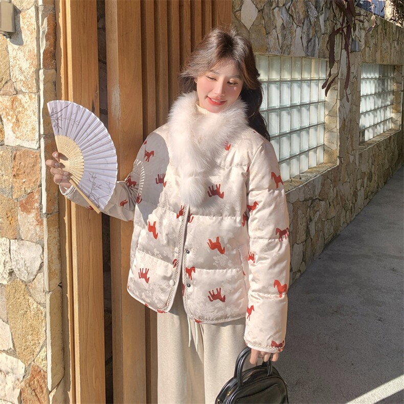 新中式国风印花羽绒服女2025冬季新款巨好看独特漂亮90白鸭绒外套图片