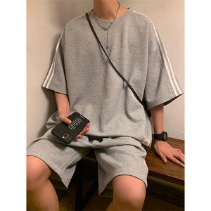 TZ83335/P65夏季新款短袖短裤t恤休闲宽松提花大码两件套套装男图片