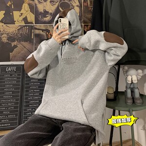 2021冬季新海报墙港风大码男女贴布印花加绒加厚连帽卫衣W5201P50图片