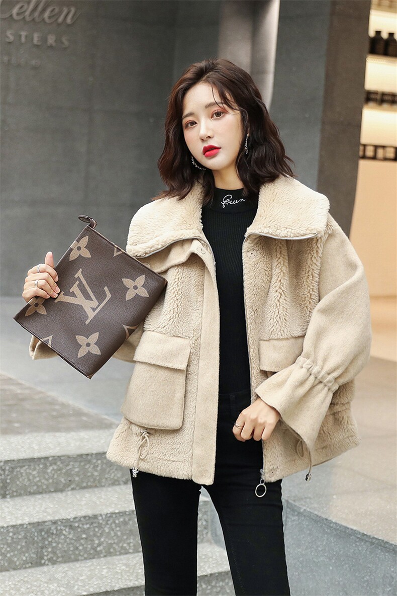 毛呢外套女短款2021春秋新款时尚仿羊羔毛拼接颗粒绒大衣皮毛一体,女装毛呢外套,慧尚依恋