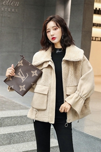 毛呢外套女短款2021春秋新款时尚仿羊羔毛拼接颗粒绒大衣皮毛一体图片