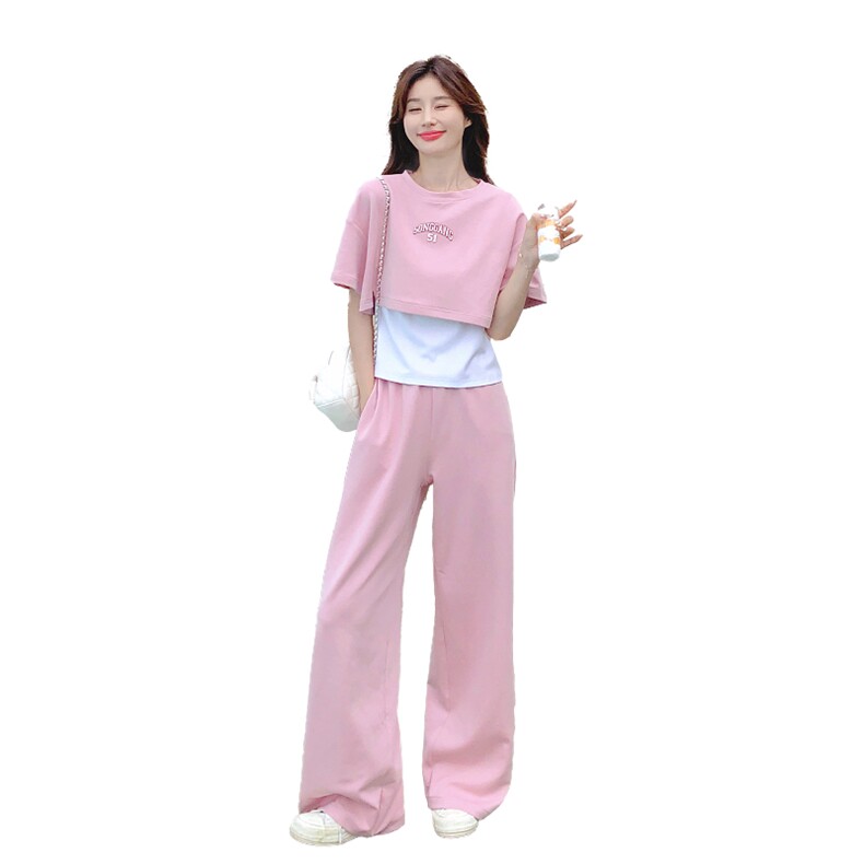 韩版甜美减龄假两件T恤套装女2025夏季新款宽松显瘦阔腿裤两件套,女装套装/套裙,2C052