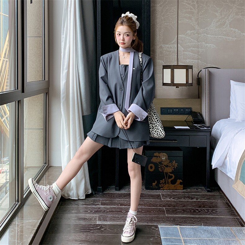 有货25春季【新品】时尚西装百褶裙三件套套装S017-P225-K298,女装套装/套裙,2C305