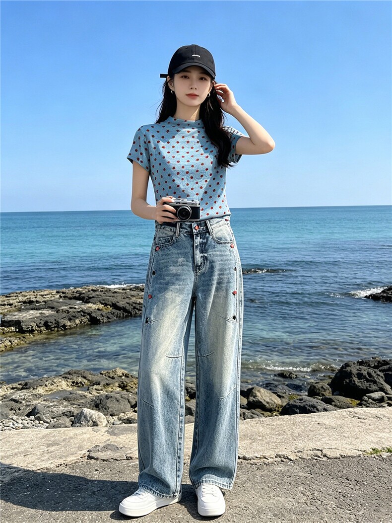 时尚休闲减龄套装女夏季新款波点短袖上衣高腰阔腿牛仔裤两件套潮,女装套装/套裙,江南