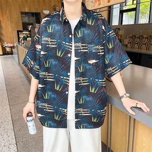 弹力布夏季男士印花短袖衬衫个性五分袖衬衣外套图片