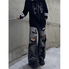美式高街乞丐破洞牛仔裤男女夏季hiphop黑灰色裤子直筒宽松阔腿裤，男装牛仔裤，星座601-1