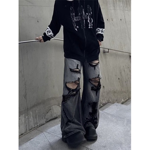 美式高街乞丐破洞牛仔裤男女夏季hiphop黑灰色裤子直筒宽松阔腿裤图片