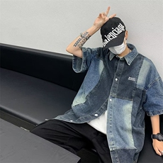 接拼牛仔短袖衬衫男美式复古小众衬衣夏季休闲宽松上衣服SH45-P53，男装衬衫，星座1008