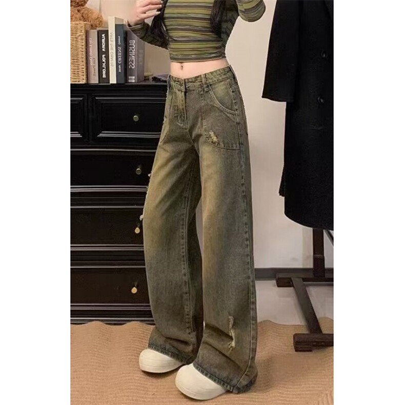 废土风脏色破洞牛仔裤女美式复古设计感百搭小众阔腿裤N163,男装牛仔裤,星座1116A（原606A-3）