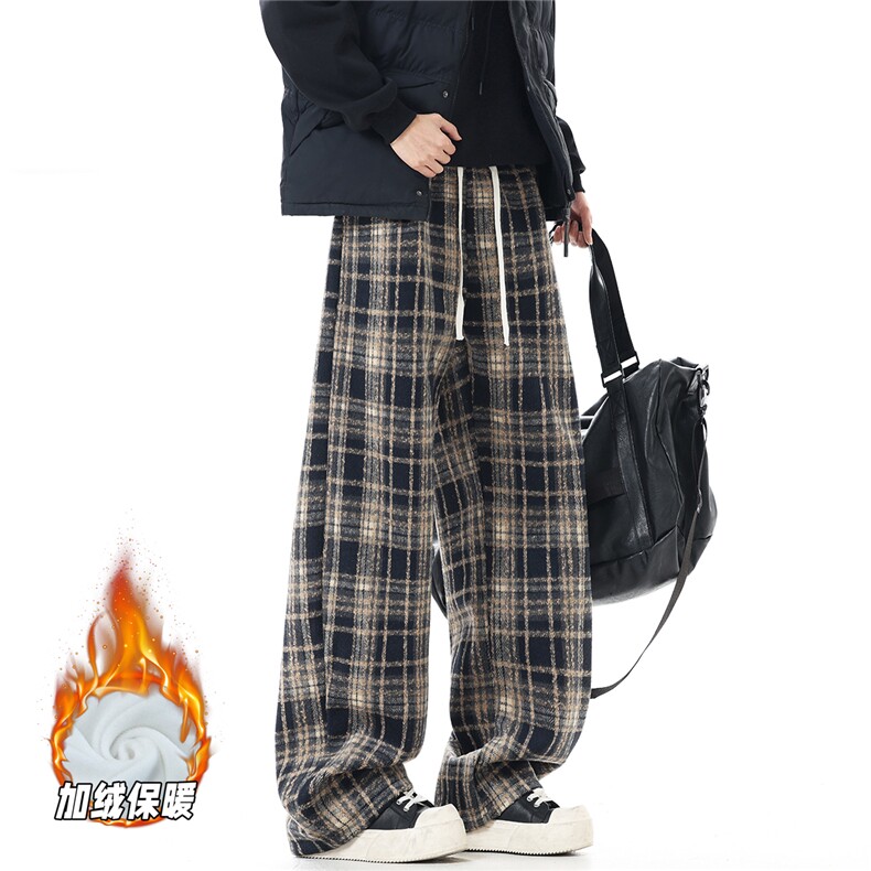 YK359加绒特P45无影墙冬天加绒加厚氛围感格子宽松阔腿休闲裤，男装卫衣，电商A249