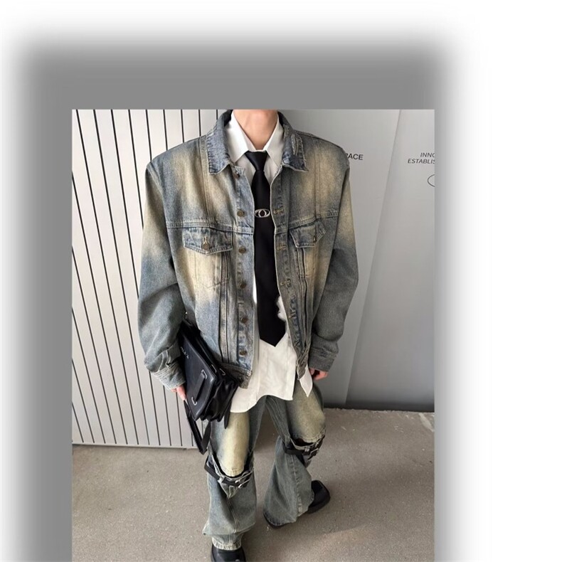 美式复古黄泥色牛仔外套情侣款高街垫肩工装褂子男设计感春秋夹克,男装工装外套,星座1210-1