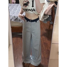 美式复古爱心刺绣竖条纹休闲裤男女小众宽松休闲阔腿拖地长裤气质，男装牛仔裤，星座601-1