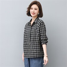 2024春秋季新款时尚格子衬衫简约时尚百搭舒适单排多扣衬衫，女装衬衫，忆绮罗