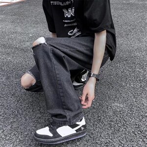 夏季潮流ins潮牌牛仔裤嘻哈街头磨破宽松破洞阔腿长裤男N0729-P40图片